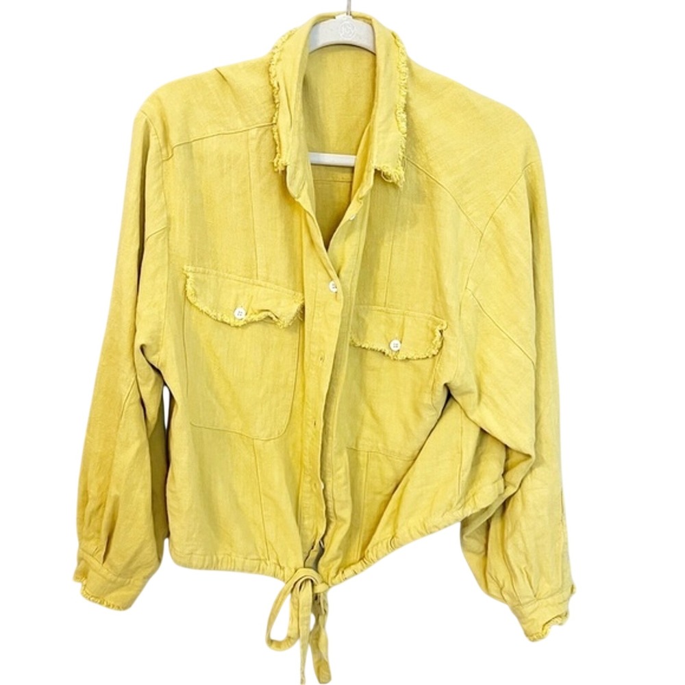 Umgee USA Mustard Yellow Linen Blend Frayed Tie Front Button Up Top C2169 Small‎